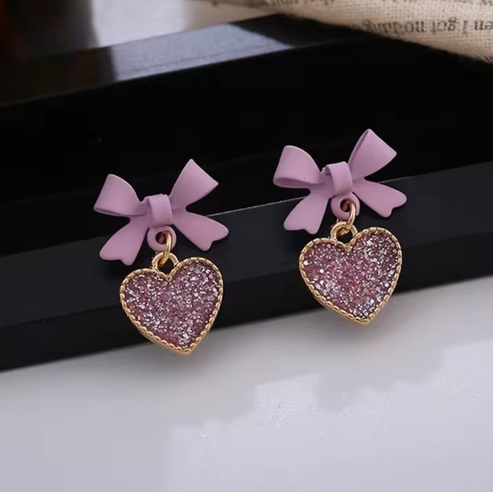 Earrings Women's‎ Purple Crystal Heart Bows Dangle New f76